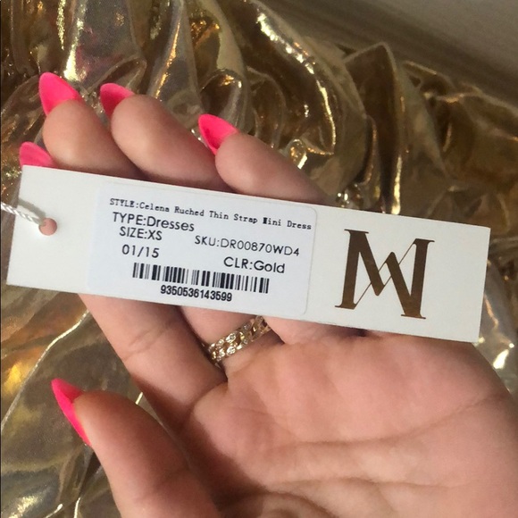 MESHKI RUCHED THIN STRAP MINI DRESS GOLD - Picture 5 of 5